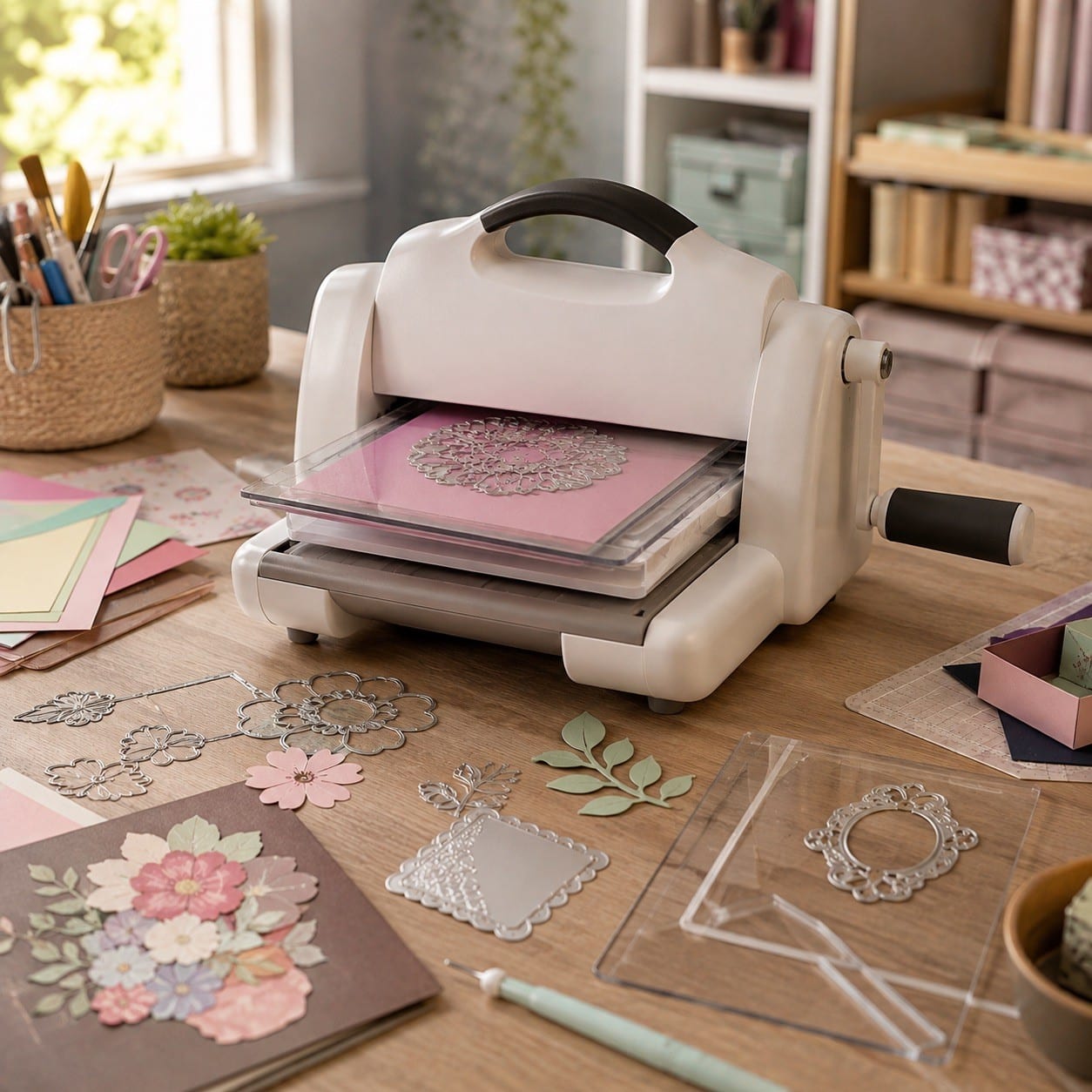 Troqueladora manual inspirada en Sizzix con troqueles y cartulinas de scrapbooking