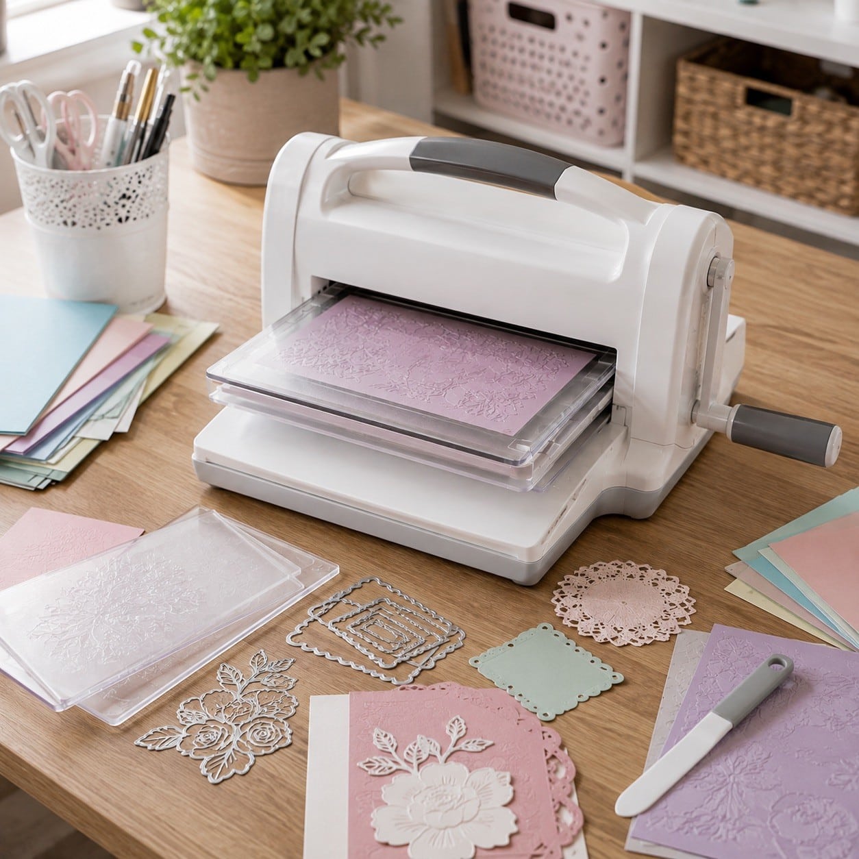 Troqueladora inspirada en Vaessen Creative Cut Easy con placas y cartulina