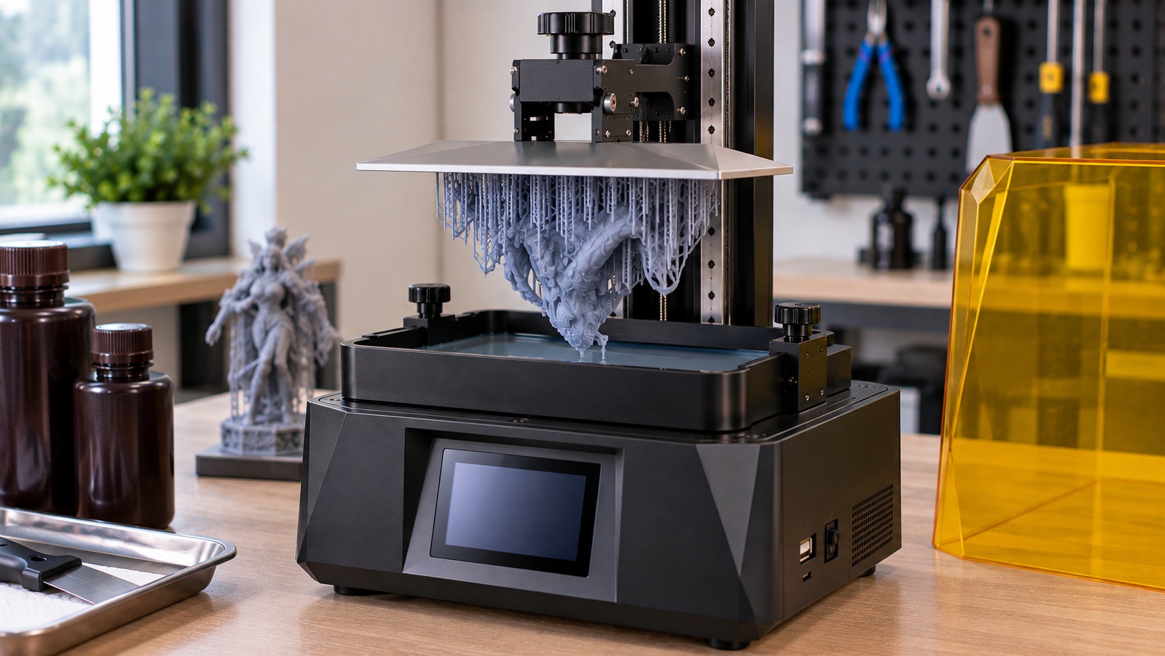 Anycubic Photon Mono X2 imprimiendo figuras de resina.