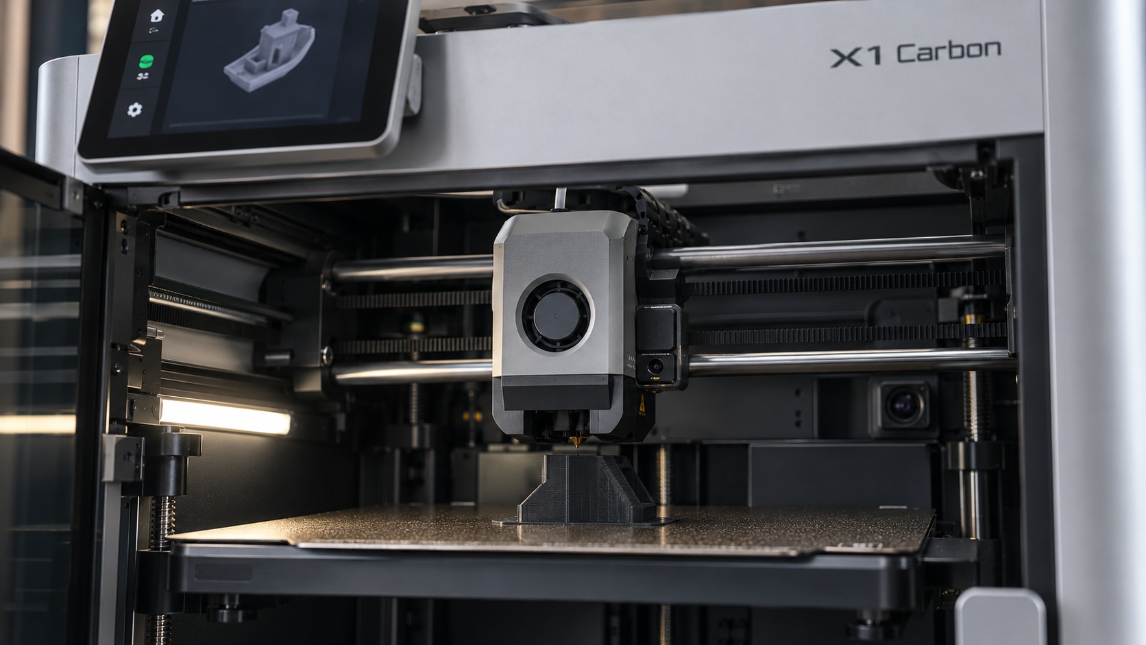 Detalle del cabezal y sistema de calibración de la Bambu Lab X1 Carbon.