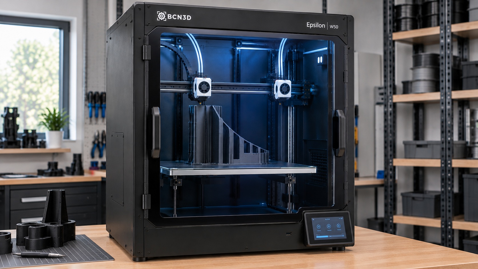 BCN3D Epsilon W50 imprimiendo una pieza técnica alta.