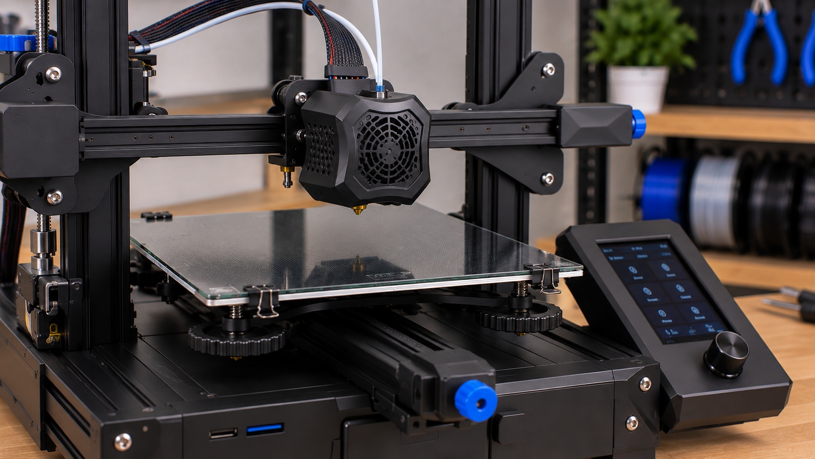 Detalle de la cama de vidrio y nivelación manual de la Ender-3 V2.