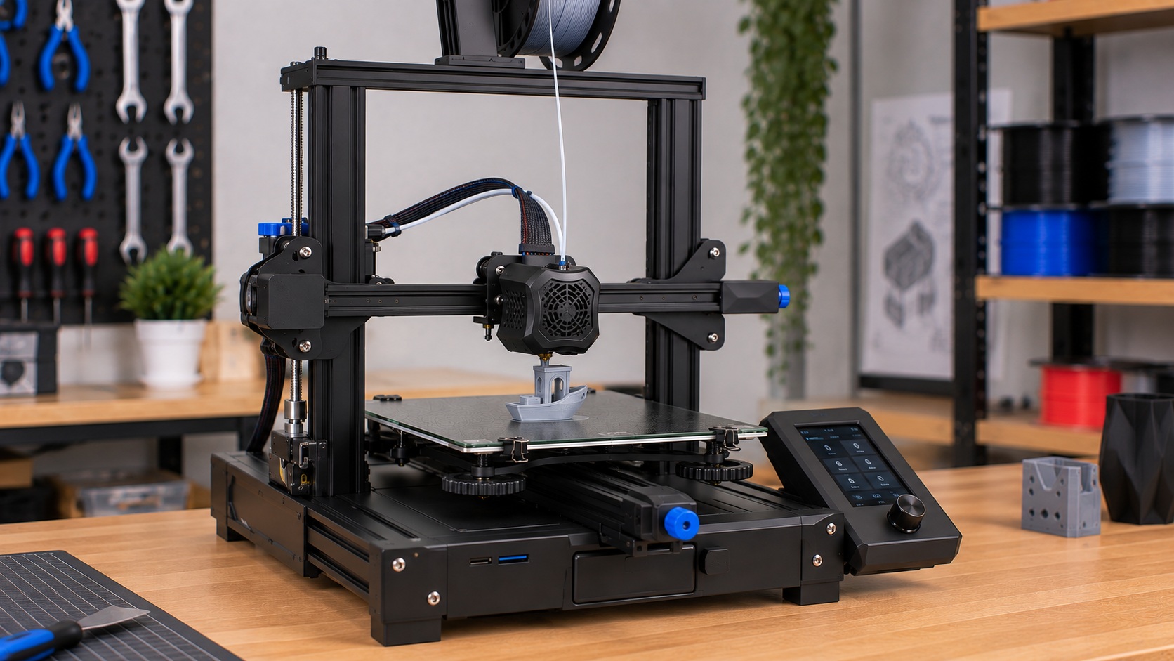 Creality Ender-3 V2 imprimiendo sobre su cama de vidrio.