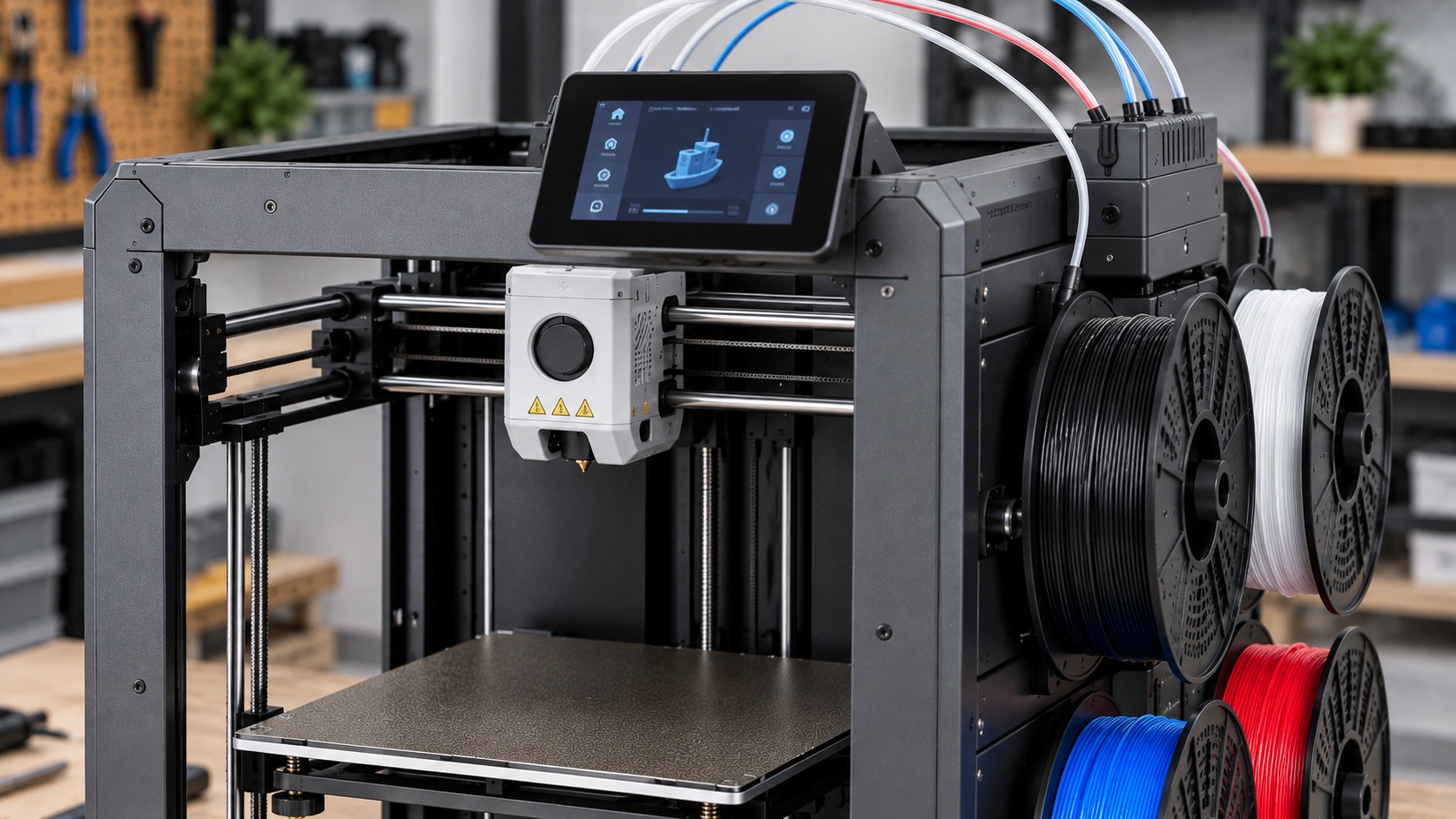 Detalle del sistema IFS de cuatro filamentos de la Flashforge AD5X.