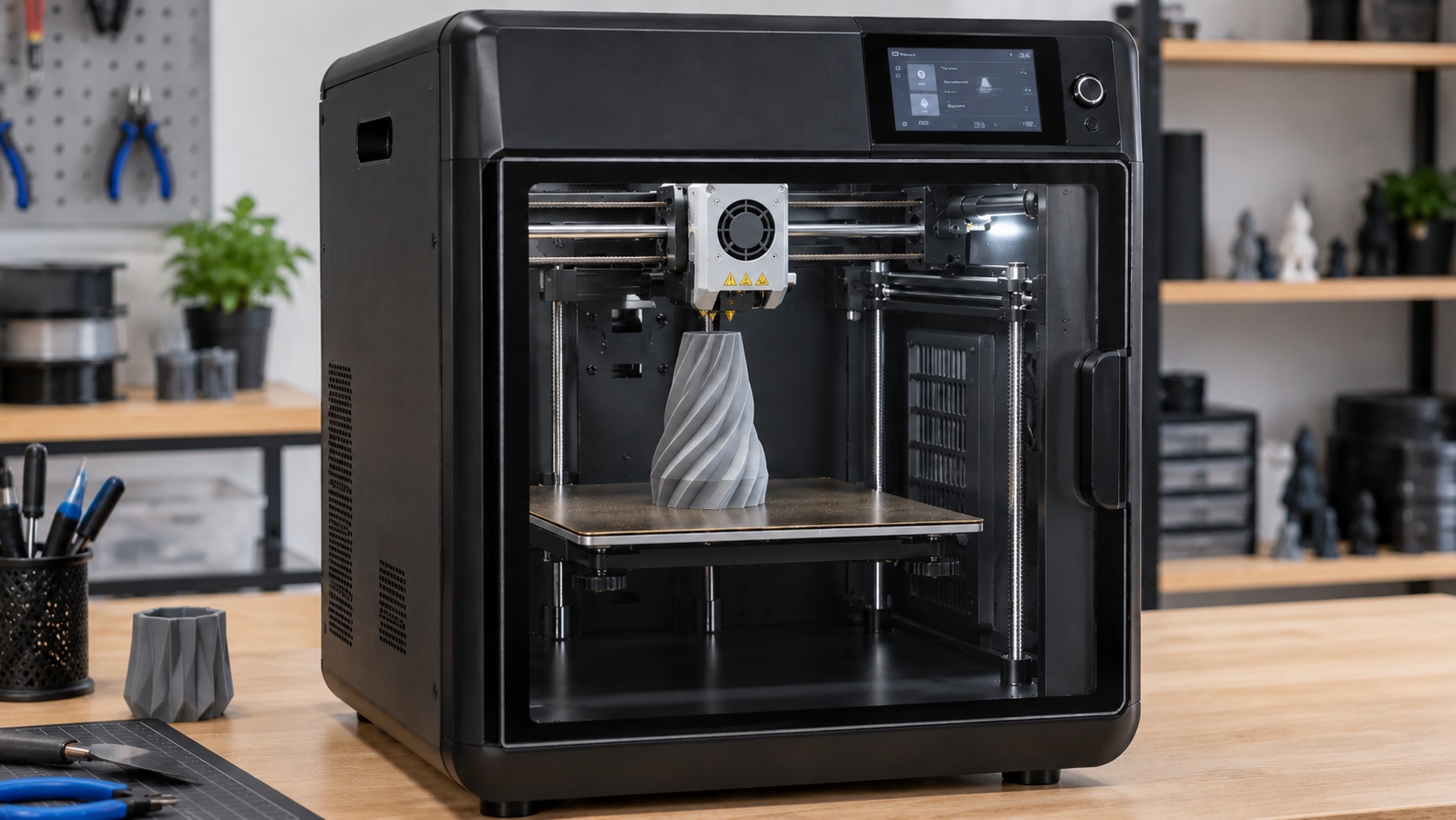Flashforge Adventurer 5M Pro imprimiendo dentro del recinto.