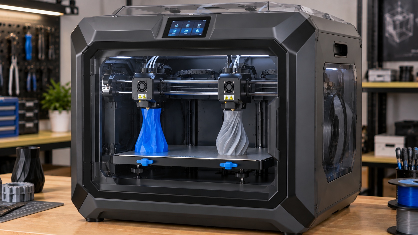 Flashforge Creator 3 Pro imprimiendo dos piezas en modo duplicación.