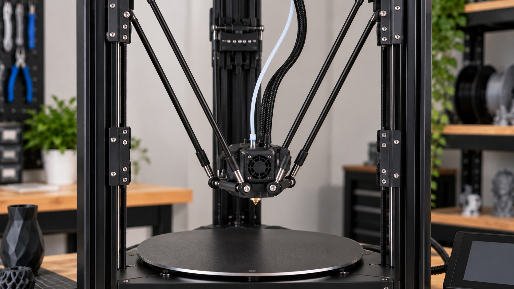 Detalle del cabezal delta y tubo Bowden de la FLSUN Super Racer.