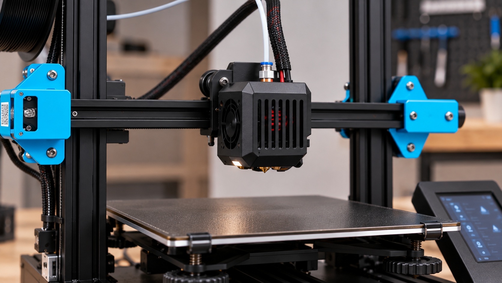 Detalle del sistema de nivelación sobre la cama fija de la Geeetech Mizar Pro.