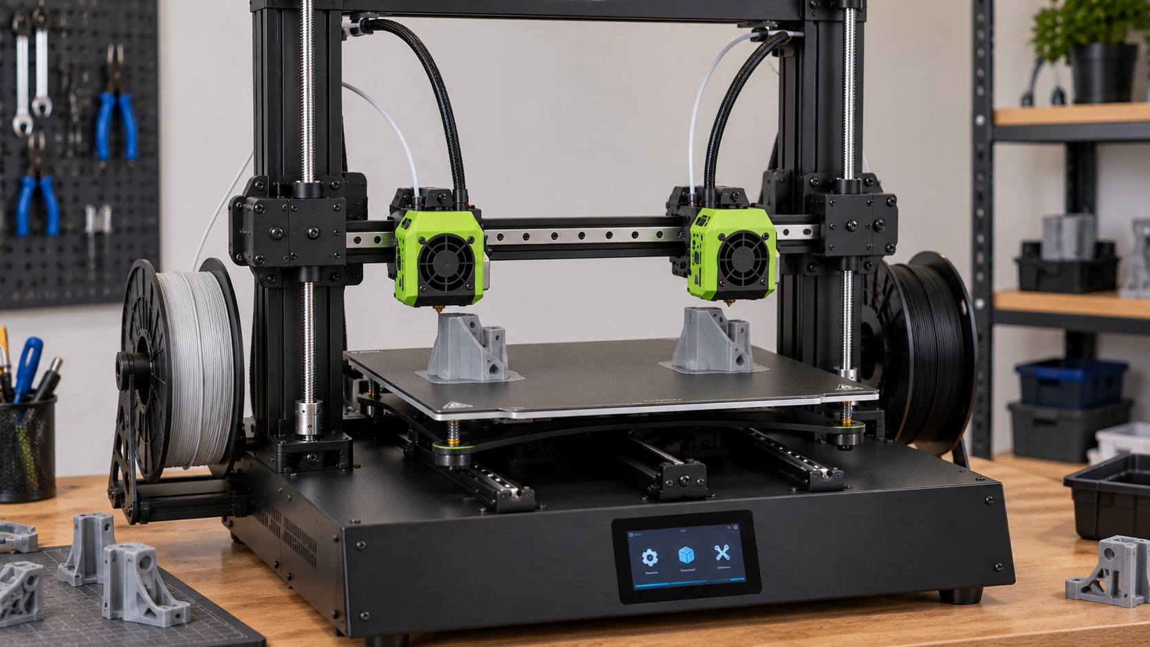 Hellbot Hidra Plus imprimiendo dos piezas con sus cabezales IDEX.