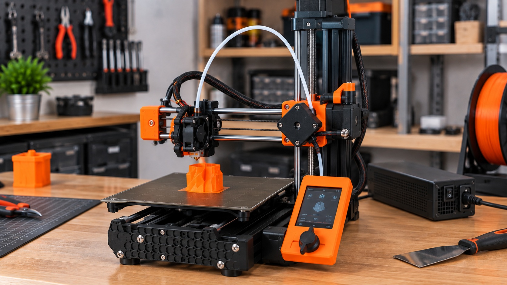 Original Prusa MINI+ imprimiendo una pieza pequeña.