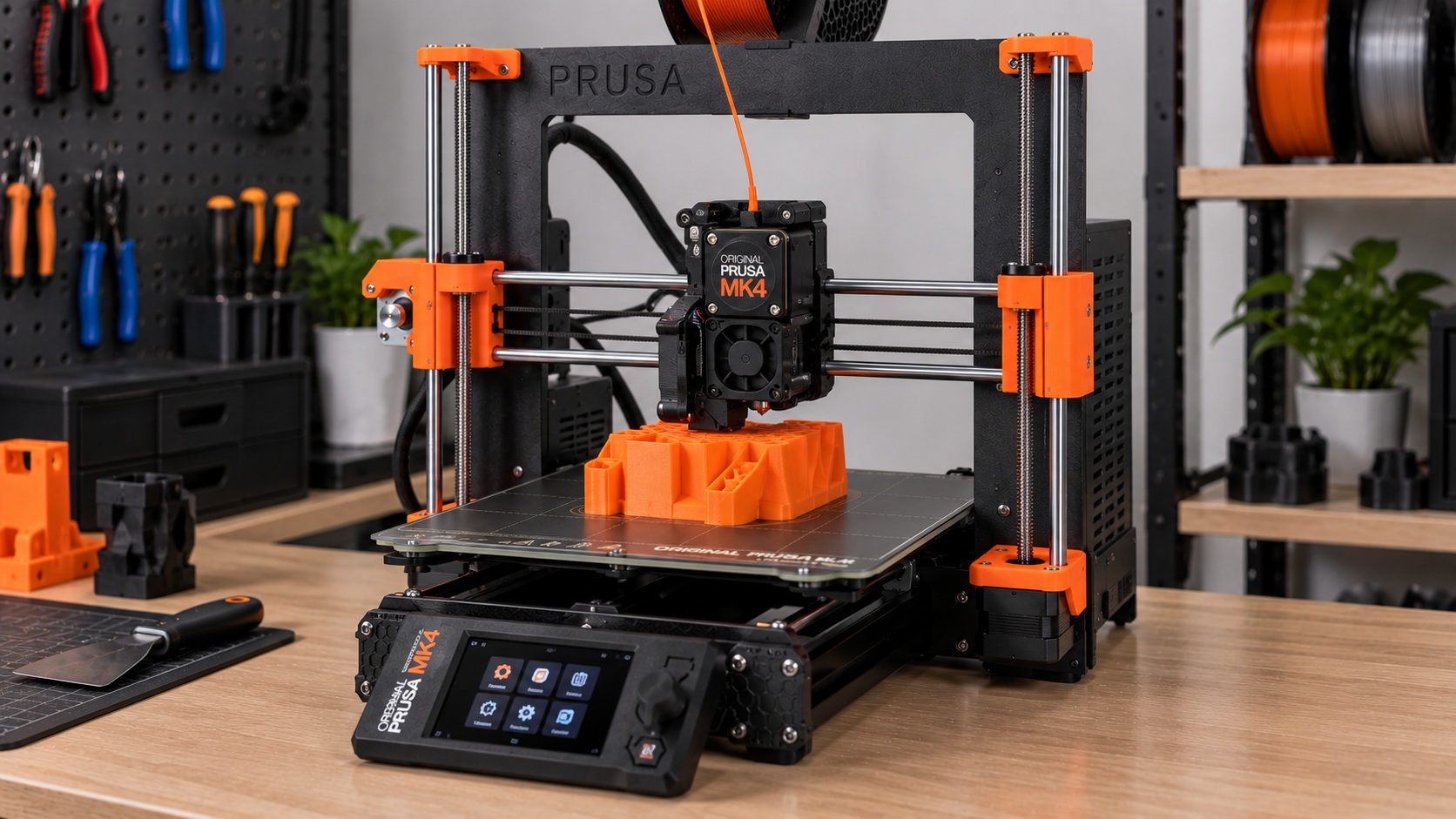 Original Prusa MK4 imprimiendo una pieza mecánica.