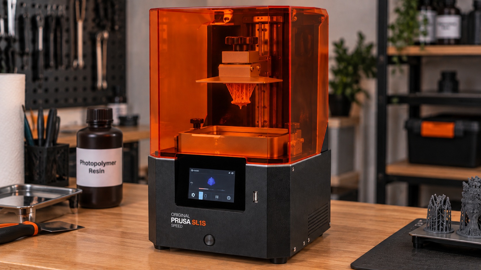 Prusa SL1S SPEED imprimiendo varias piezas de resina.