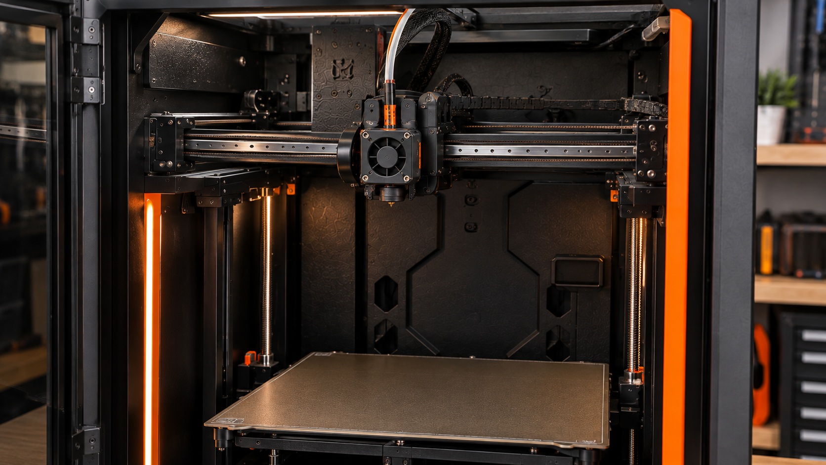 Detalle del sistema CoreXY y la cámara de la Prusa CORE One.