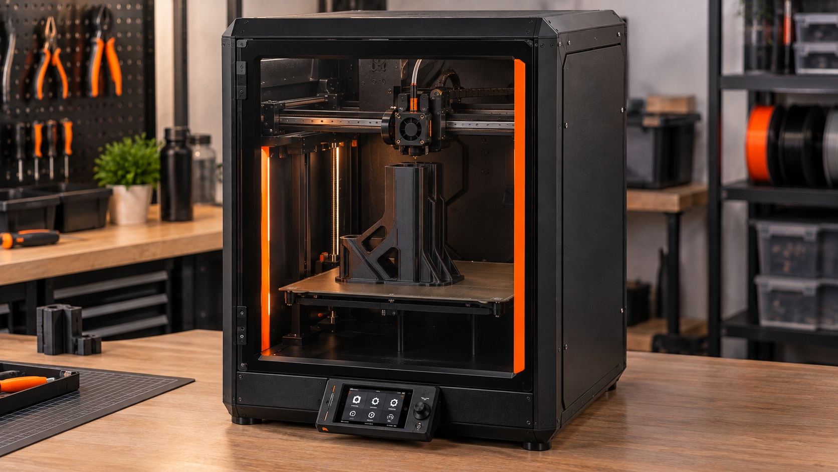 Prusa CORE One imprimiendo una pieza dentro de su cámara cerrada.