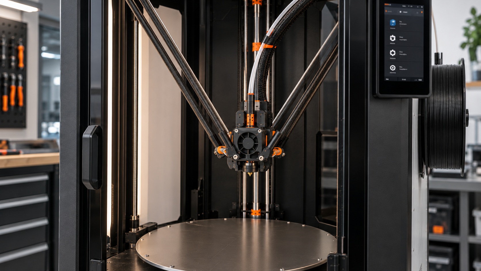 Detalle del cabezal y cinemática delta de la Prusa Pro HT90.