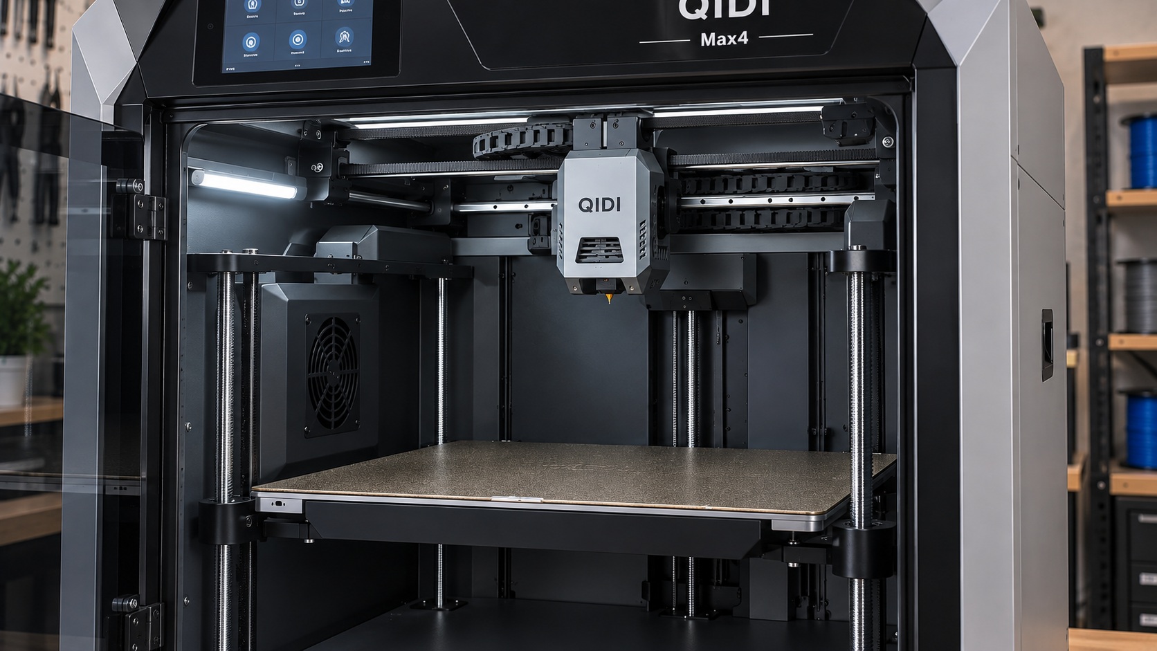 Detalle de cámara activa de tercera generación a 65 °c y cama de 390 × 390 mm en la QIDI Max4