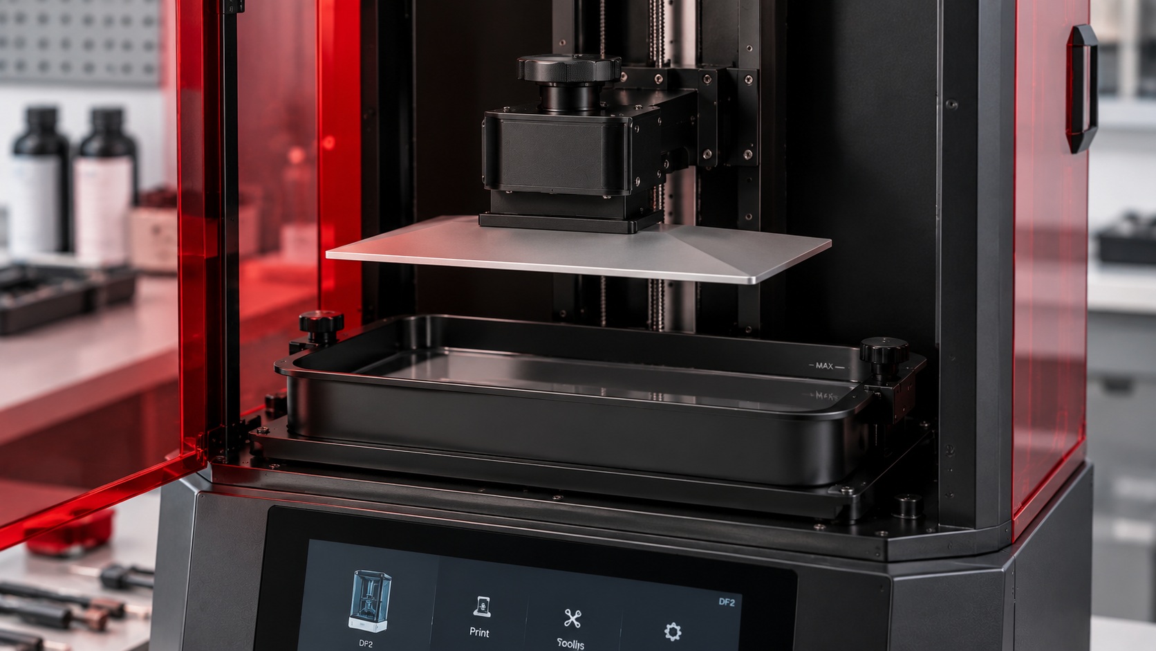 Detalle de la plataforma RFID y cuba de la Raise3D DF2.