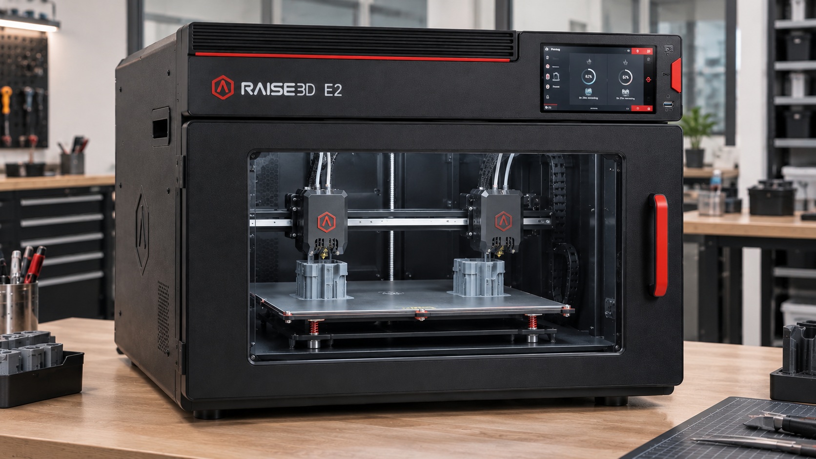 Raise3D E2 imprimiendo dos piezas en modo duplicación.