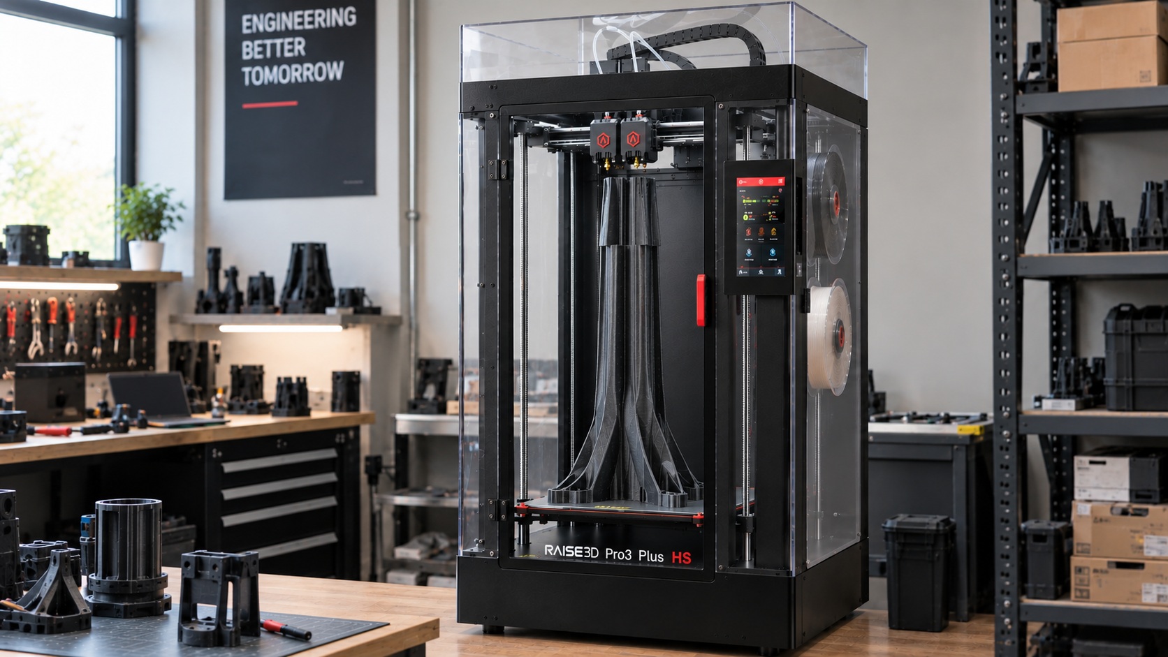 Raise3D Pro3 Plus HS imprimiendo una pieza con doble material.
