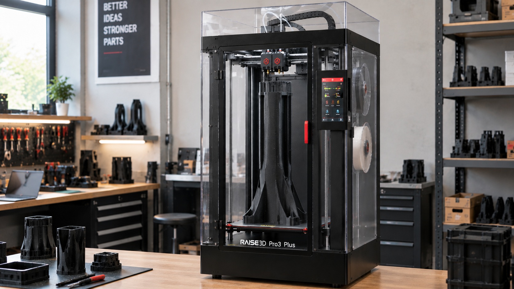 Raise3D Pro3 Plus imprimiendo una pieza con doble material.