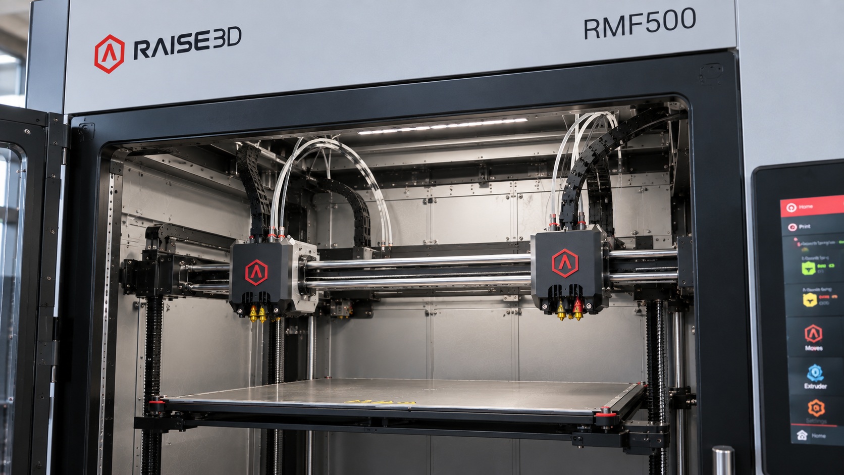 Detalle del sistema IDEX y gran plataforma de la Raise3D RMF500.