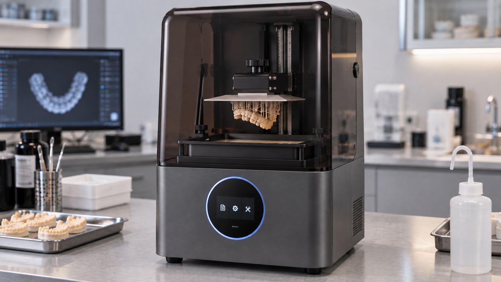 AccuFab-L4D imprimiendo un lote de modelos dentales.