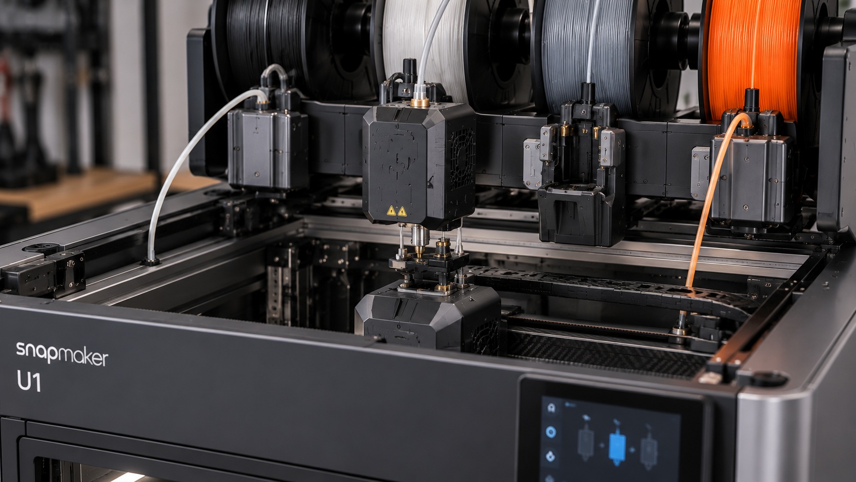 Detalle del cambio automático entre cuatro cabezales de la Snapmaker U1.