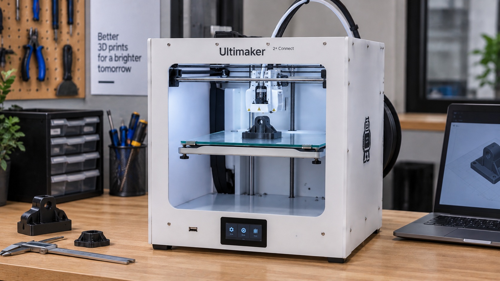 UltiMaker 2+ Connect imprimiendo una pieza de PLA sobre la cama de vidrio.