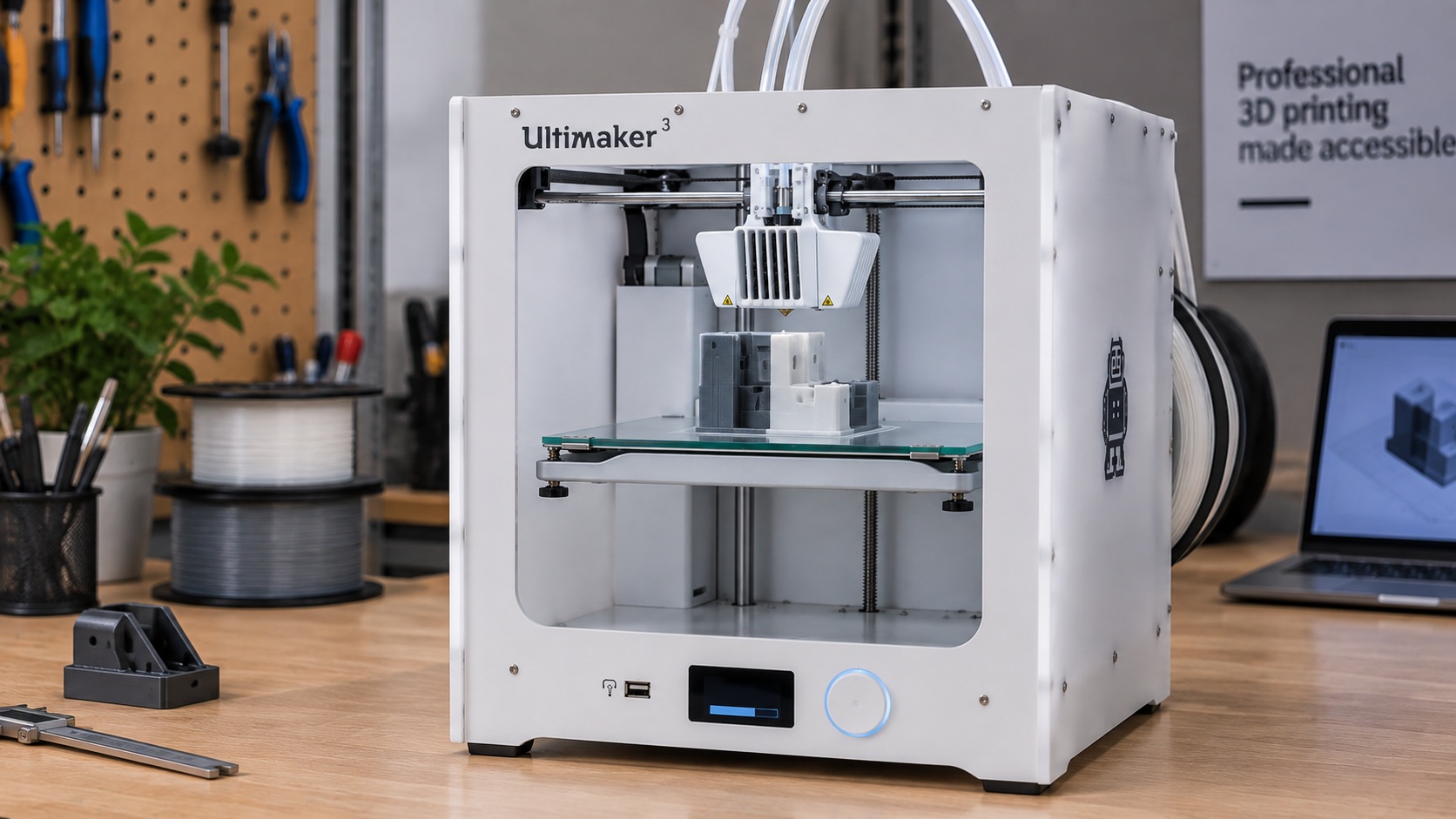 Ultimaker 3 imprimiendo una pieza con material de soporte soluble.