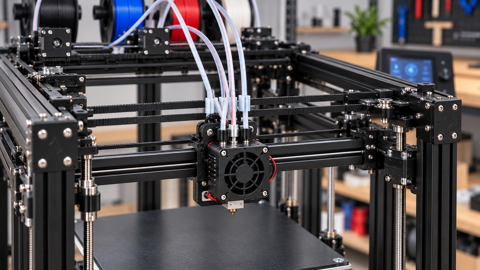 Detalle de cuatro extrusores con hotend 4-IN-1-OUT en ZONESTAR Z9V5Pro